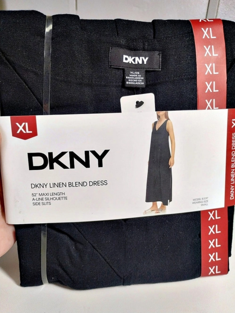 DKNY Linen Blend Dress Maxi A-Line Dress in Black XL NWT